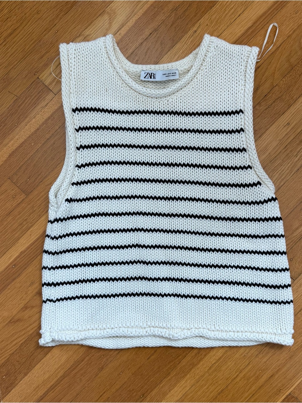 Zara Cropped Rolled Neck Cream Knit Tank with Black Stripe